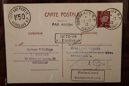 France 1942 Algérie Relations Suspendues Petain Entier 1f50 1fr50 SurTaxe Perçue Air Bleu Alger Cover Par Avion Ww2 - Standaardpostkaarten En TSC (Voor 1995)
