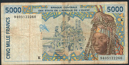 W.A.S. SENEGAL P113Ac 5000 FRANCS (19)94 1994 Signature 27 FINE - Estados De Africa Occidental