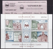 1980, Spanien, 2471/74 Block 21 , Briefmarkenausstellung ESPAMER ’80, Madrid. MNH ** Mit Eintrittskarte - Blocs & Hojas