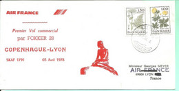 Enveloppe Premier Vol Commercial Air France FOKKER 28 Copenhague - Lyon Le 3 Avril 1978 - Airmail