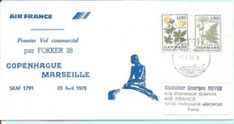 Enveloppe Premier Vol Commercial Air France FOKKER 28 Copenhague - Marseille Le 3 Avril 1978 - Airmail