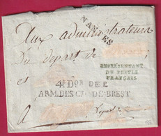 MARQUE ARMEE DES Ct DE BREST 4EM DIVISION BREST FINISTERE + REPRESENTANT DU PEUPLE FRANCAIS NANTES 1795 COVER FRANCE - Army Postmarks (before 1900)