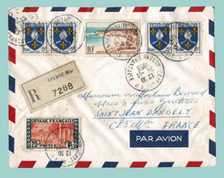 1955. Enveloppe Affranchie Lettre Recommandée Par AVION De CAYENNE, GUYANE FRANÇAISE à 17 St JEAN D'ANGÉLY - Covers & Documents