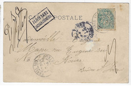 PARIS 102 Carte Postale 5c Blanc Yv 111 Ob 3 4 1904 Dest Tours  Griffe  PARTI SANS LAISSER D'ADRESSE - Covers & Documents