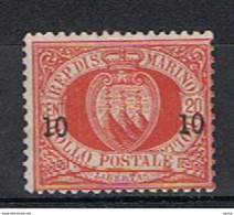 SAN  MARINO:  1892  STEMMA  SOPRASTAMPATO  -  10 ( C.) / 20 C. ROSSO  L. -  SASS. 11 - Unused Stamps