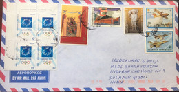 GREECE 2004, AIRMAIL COVER USED TO INDIA,9 STAMPS,OLYMPIC,ART ,PAINTING,AEROPLANE,RAILWAY,STATUE - Covers & Documents