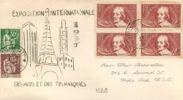 1937 - LETTRE - EXPOSITION INTERNATIONALE Des ARTS Et Des TECHNIQUES -  CACHET COMMEMORATIF SUR BLOC DE QUATRE N° 330 - 1921-1960: Modern Period