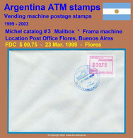 1999 Argentinien Argentina ATM 3 / $0,75 On FDC 23 MAR.1999 / FRAMA Automatenmarken Etiquetas Klüssendorf - Viñetas De Franqueo (Frama)