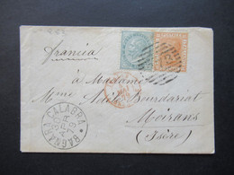 Italien 1869 Michel Nr.16 Und Nr.28 Bagnara Calabra - Moirans Roter K2 Italie Grenoble Umschlag Mit Nummernstempel 853 - Poststempel