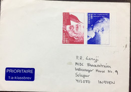 SWEDEN 2002 ,AIRMAIL COVER USED TO INDIA,1990 STAMPS ,PAR LAGER KVIST , ERNEST HEMINGWAY, NOBEL  PRIZE WINNER 2 STAMPS N - Covers & Documents