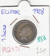 CR0833 MONEDA ECUADOR 1 SUCRE 1928 PLATA 10 - Equateur