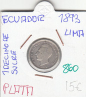 CR0860 MONEDA ECUADOR 10 DECIMODE SUCRE 1893  PLATA 15 - Ecuador