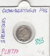 CR0883 MONEDA GRAN BRETAÑA 3 PENIQUES 1916 PLATA 4 - Otros & Sin Clasificación