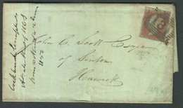 GB One Penny Red Stamp On Cover Duplex 131 Bar Cancellation Jun C 16 X 1854 With HAWICK Delivery Postmark - Storia Postale