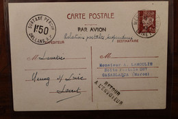 France 1943 Meung Sur Loire Maroc Retour à L'envoyeur Petain 80c Entier Cover Ww2 Surtaxe 1f50 Relations Suspendues - Cartes Postales Types Et TSC (avant 1995)