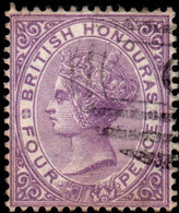 British Honduras 1879 Crown CC Perf 14 4d Mauve A06 (Belize) Cancel - Honduras Británica (...-1970)