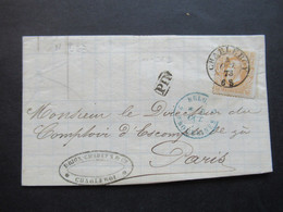 Belgien 1873 EF Nr.30 Auslandsbrief Charleroy - Paris Blauer K2 Belg. 2 Erquelines / PD Gedruckter Faltbrief Mit Inhalt - 1869-1883 Leopold II