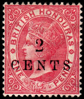 British Honduras 1888 Crown CA Perf 14 2c On 1d Rose Mounted Mint - British Honduras (...-1970)