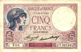 T 1 >   France 	5 Francs 	5/1/1933 GD	TB	1303097950	Y52124 - 5 F 1917-1940 ''Violet''