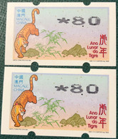 LUNAR NEW YEAR OF THE TIGER ATM LABELS - 8.00 PATACAS VARIETY PRINT "BOLD ZERO"NORMAL FOR COMPARISION - Automaten