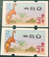 LUNAR NEW YEAR OF THE TIGER ATM LABELS - 8.00 PATACAS VARIETY PRINT "BOLD ZERO"NORMAL FOR COMPARISION - Distributori