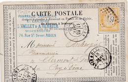 27922# CERES CARTE PRECURSEUR PHARMACIE DROGUERIE Obl GC ROUEN 1874 T17 SEINE MARITIME Via PARIS FRACTION DE LEVEE - Tarjetas Precursoras