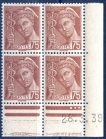 France N°416A - Bloc De Quatre (4) Coin Daté 28.3.39 - Neuf** - (F2106) - 1930-1939