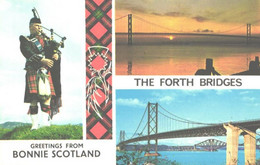 United Kingdom:The Forth Bridges, Scottish Man Wearing National Costume And Playing Bagpipe - Europe