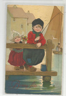 Cpa Enfants Peche Port Holland Scène Hollandaise Illustrée Bonne Fete Illustrateur - 1900-1949