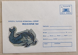 ROUMANIE Dauphins, Dauphin, Dolphin, Delfin, Entier Postal Illustré RICCIONE 92 EUROPA Mosaique Ceramique - Dolfijnen
