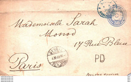 Devant De Lettre Entier 30c Bleu Cad Genève  4 XI 1869 Pour Paris + Cachet Bleu Suisse Bellegarde + Tampon PD - Entiers Postaux