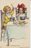 Dinner Time, Blond Curly Hair Boy, Towel Around Neck, Spoon Fork. Little Girl Red Curls Hair, Brown Eyes, Seated Table - Dessins D'enfants