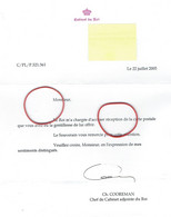 Lettre De Ch. Cooreman, Chef De Cabinet Adjointe Du Roi Albert II (22 Juillet 2005) Avec Enveloppe Officielle - Sin Clasificación