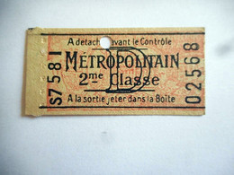 TICKET METROPOLITAIN 2 EME CLASSE METRO PARIS - Europe