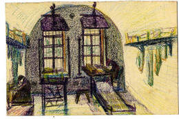 INTERIEUR DE MAISON   DESSIN AU CRAYON DE COULEUR    SUR PAPIER A DESSIN  1914  FORMAT CPA POUR Mme PRADINES A AUBIN - Dessins