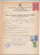 1969. ITALY,GORIZIA,MONFALCONE,DEATH CERTIFICATE,3 MUNICIPALITY MONFALCONE STAMPS,400 LIRE STATE REVENUE - Fiscales