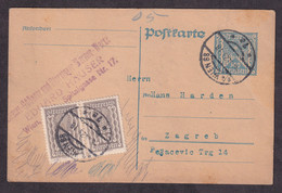 AUSTRIA - Old Stationery Additionally Franked And Sent From Wien To Zagreb 1923 / 2 Scans - Altri & Non Classificati