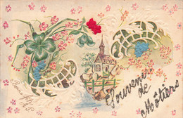 Souvenir De Môtiers - Val-de-Travers - Magnifiquement Gaufré, Perlé, Tissu - église, Trèfle, Myosotis, Fleurs 1902 - Môtiers 