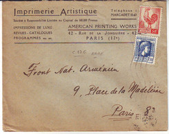 50 C COQ D' Alger Obl Paris 18 Sept 1945 Sur Lettre Pour LE FRONT NATIONAL ARMENIEN ..... - 1921-1960: Moderne