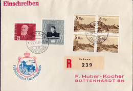 Liechtenstein 1954: Zu 222+227+F27 Mi 267+273+260 Yv 237+242+PA27 R-Brief Mit Stempel SCHAAN 21.XI.49 Nach BÜTTENHARDT - Storia Postale