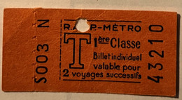 Metropolitain De Paris - Ticket 1ere Classe Pour 2 Voyages - Tarif T - Europe