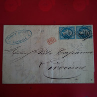 LETTRE MARSEILLE POUR LIVOURNE ITALIE CACHET ROUGE PD 1867 - 1863-1870 Napoléon III Lauré