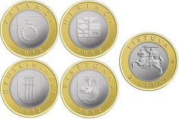 LITHUANIA LITUANIE LITAUEN LITUANIA 2 LITAI SET OF 4 BIMETAL BI-METALLIC COINS - RESORTS - 2012 UNC - Lituania