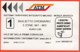 ITALIA - ITALY - ITALIE - Milano - ATM Metropolitana - Biglietto Ordinario 3 Zone Da 90 Minuti - Used - Europe