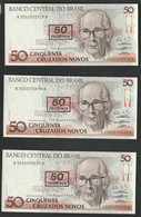 3 Billets - Brazil - 50 Cruzados Novos - Carlos Drumond De Andrade -   NEUF - Brésil