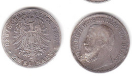 2 Mark Silbermünze Baden Großherzog Friedrich 1877 Jäger 26  (112072) - 2, 3 & 5 Mark Silber