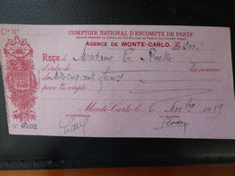 Monaco Rare Comptoir Escompte 1919 - Non Classificati