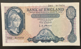 EMP B227, Helmeted Britannia 1957, 5 Pound Banknote, Serial D85 817978 - 5 Pounds