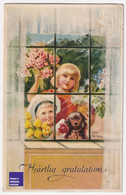 Jenny Nyström Félicitations CPA 1940 Suède Fille Enfant à La Fenêtre Fleurs Tulipes Roses Chien Teckel Dachshund A70-79 - Santa Claus