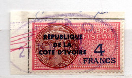 REPUBLIQUE DE COTE D'IVOIRE 4F ROSE LEGENDE TIMBRE FISCAL OBL - Ivory Coast (1960-...)